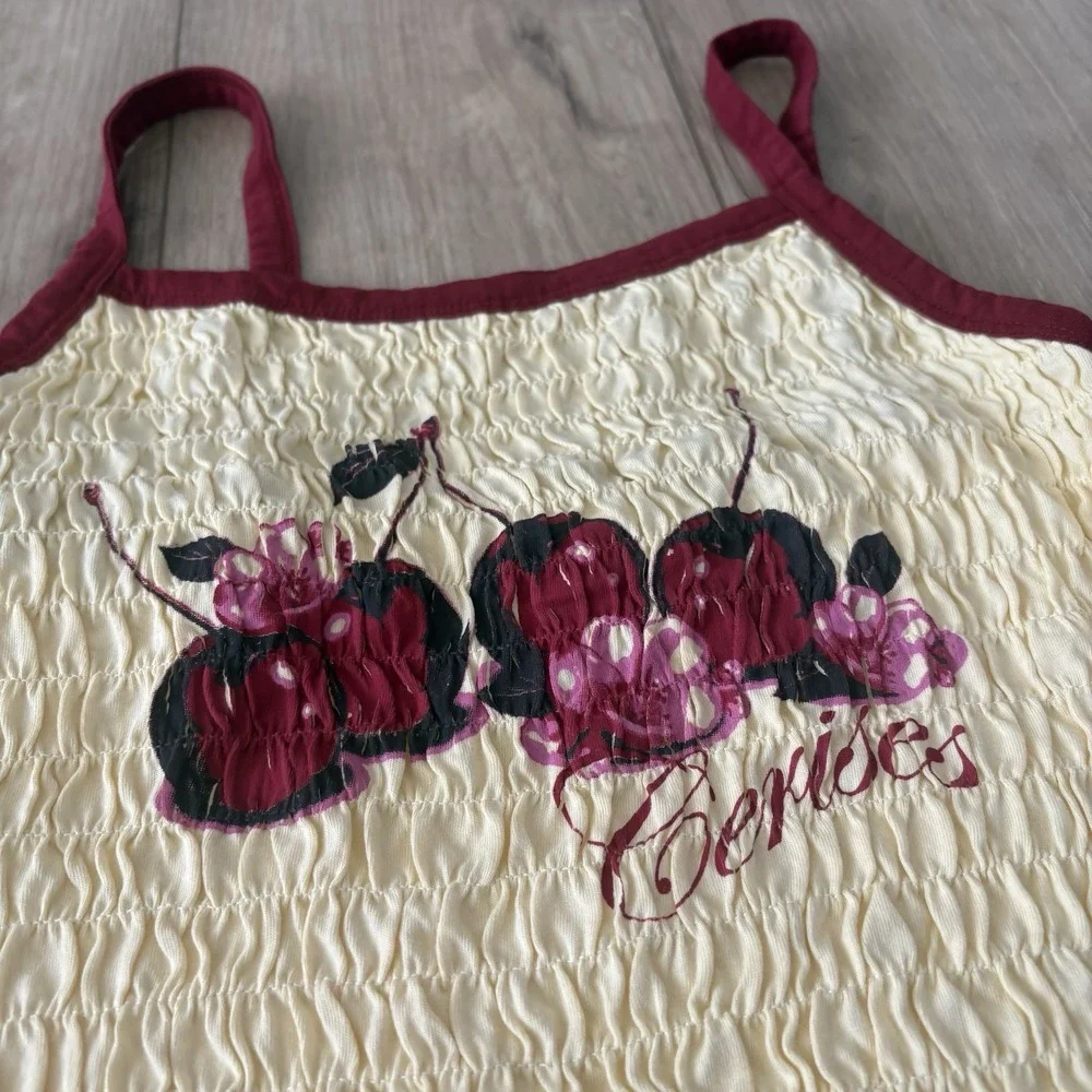 Urban Outfitters Large Yellow Crop Top smocked Cherries Stretchy - Picture 3 of 6